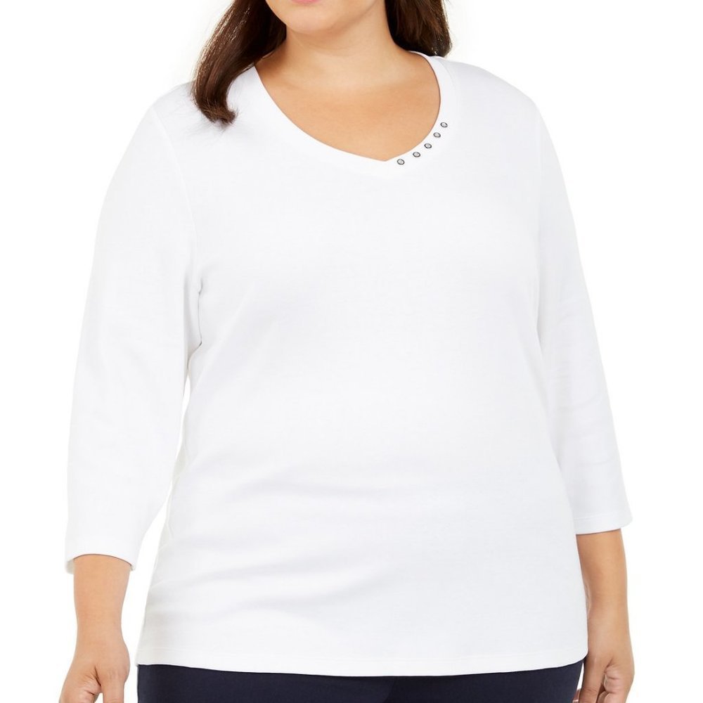 𝅺karen Scott Plus Size Cotton 3/4-Sleeve Top